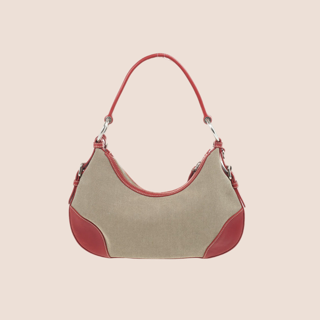 PRADA JACQUARD LOGO RED LEATHER TRIM SHOULDER BAG