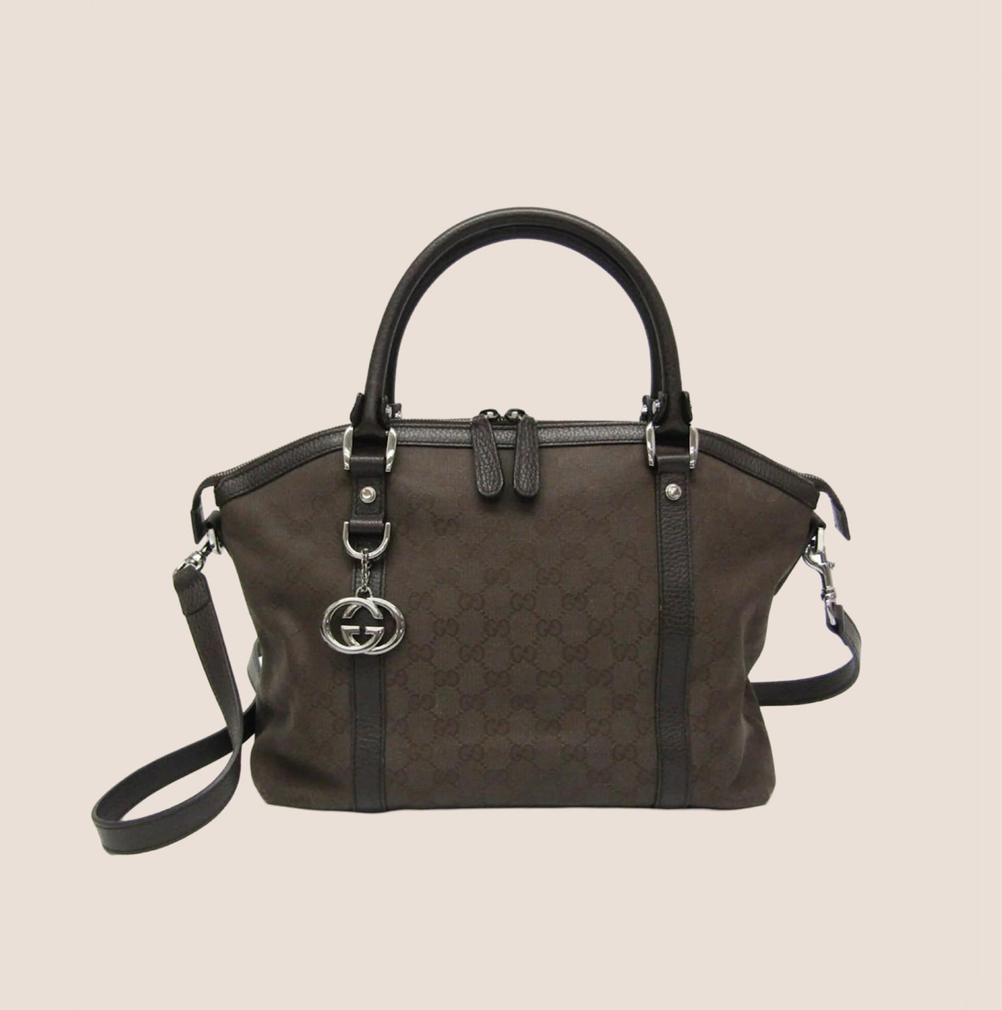 GUCCI BROWN GG CANVAS GG CHARM DOME SATCHEL