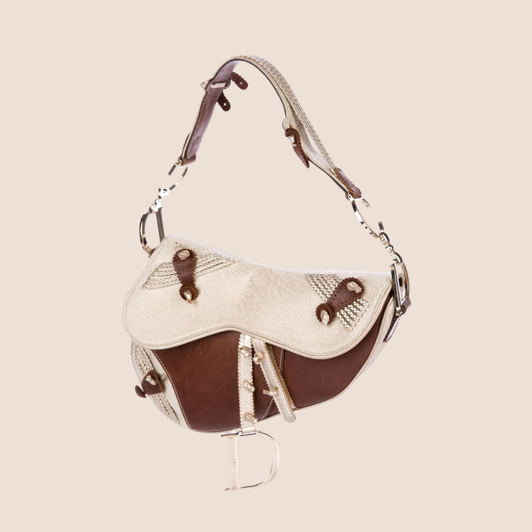 CHRISTIAN DIOR 2003 BROWN & GOLD JACQUARD SADDLE BAG
