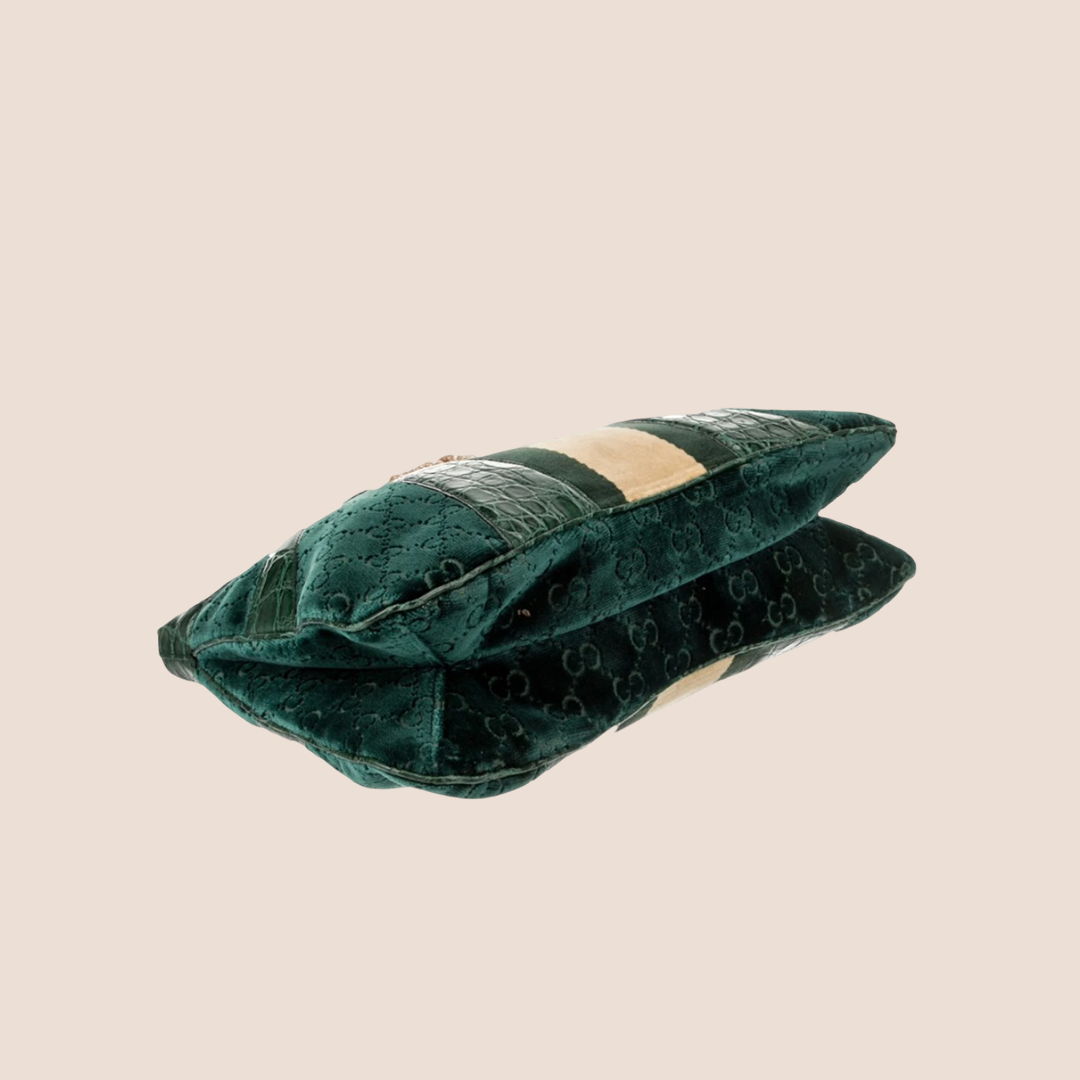 GUCCI GREEN ALLIGATOR VELVET BAMBOO CHAIN BAG