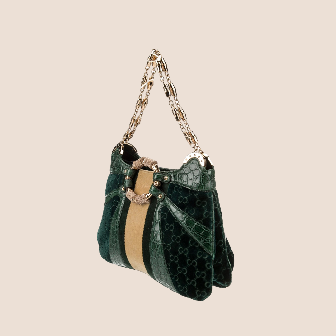 GUCCI GREEN ALLIGATOR VELVET BAMBOO CHAIN BAG