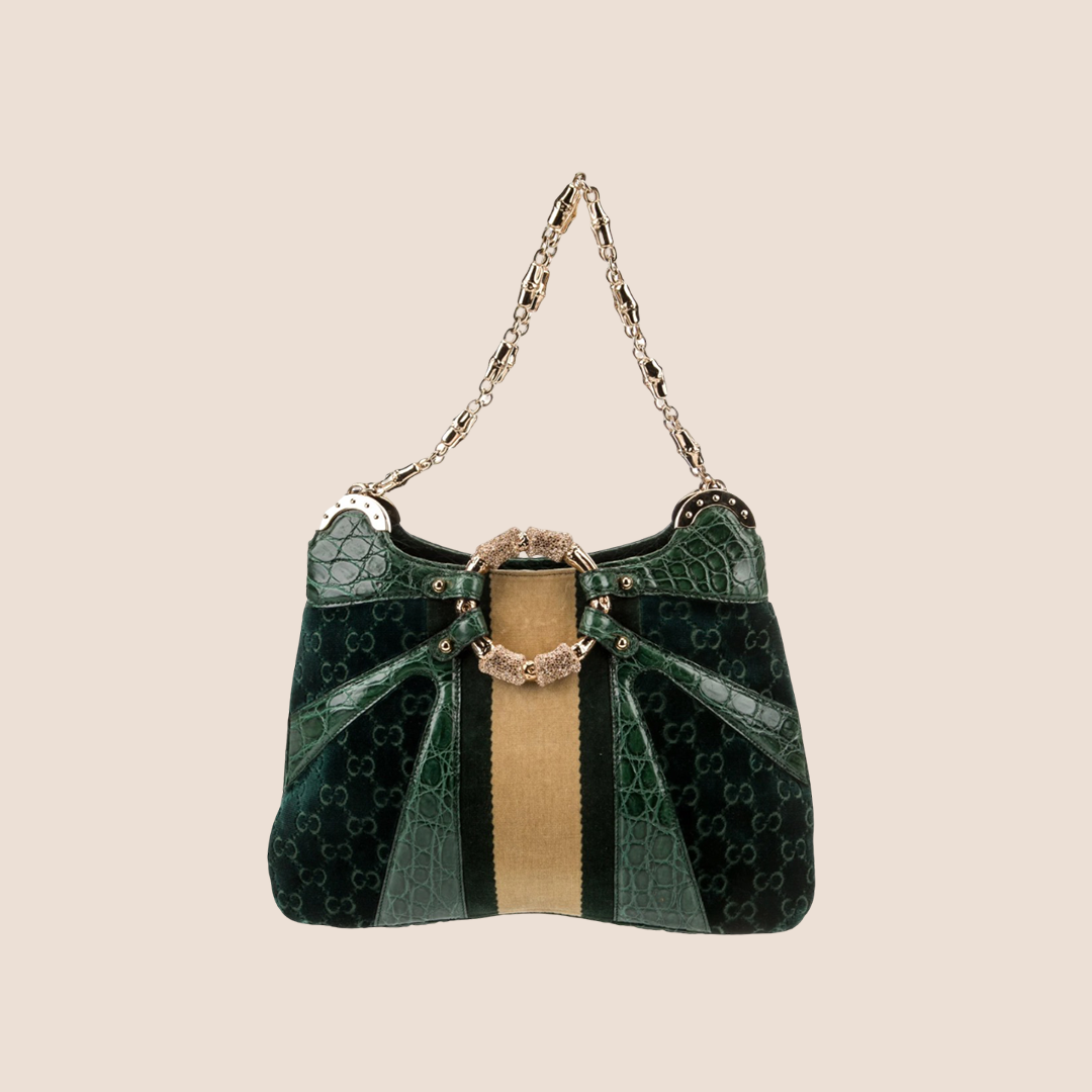 GUCCI GREEN ALLIGATOR VELVET BAMBOO CHAIN BAG