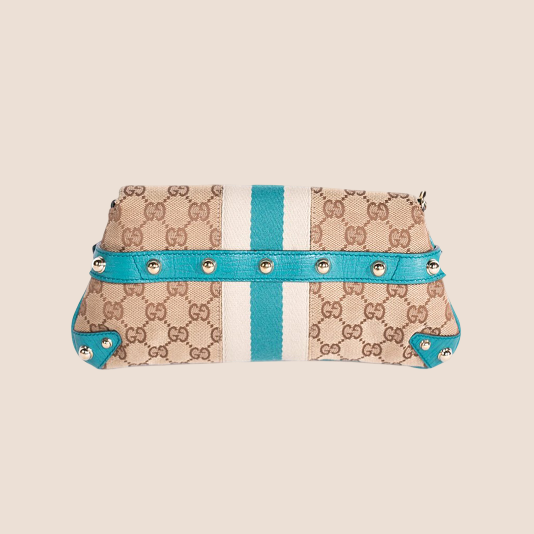 GUCCI BEIGE & BLUE MONOGRAM CANVAS HORSEBIT CLUTCH