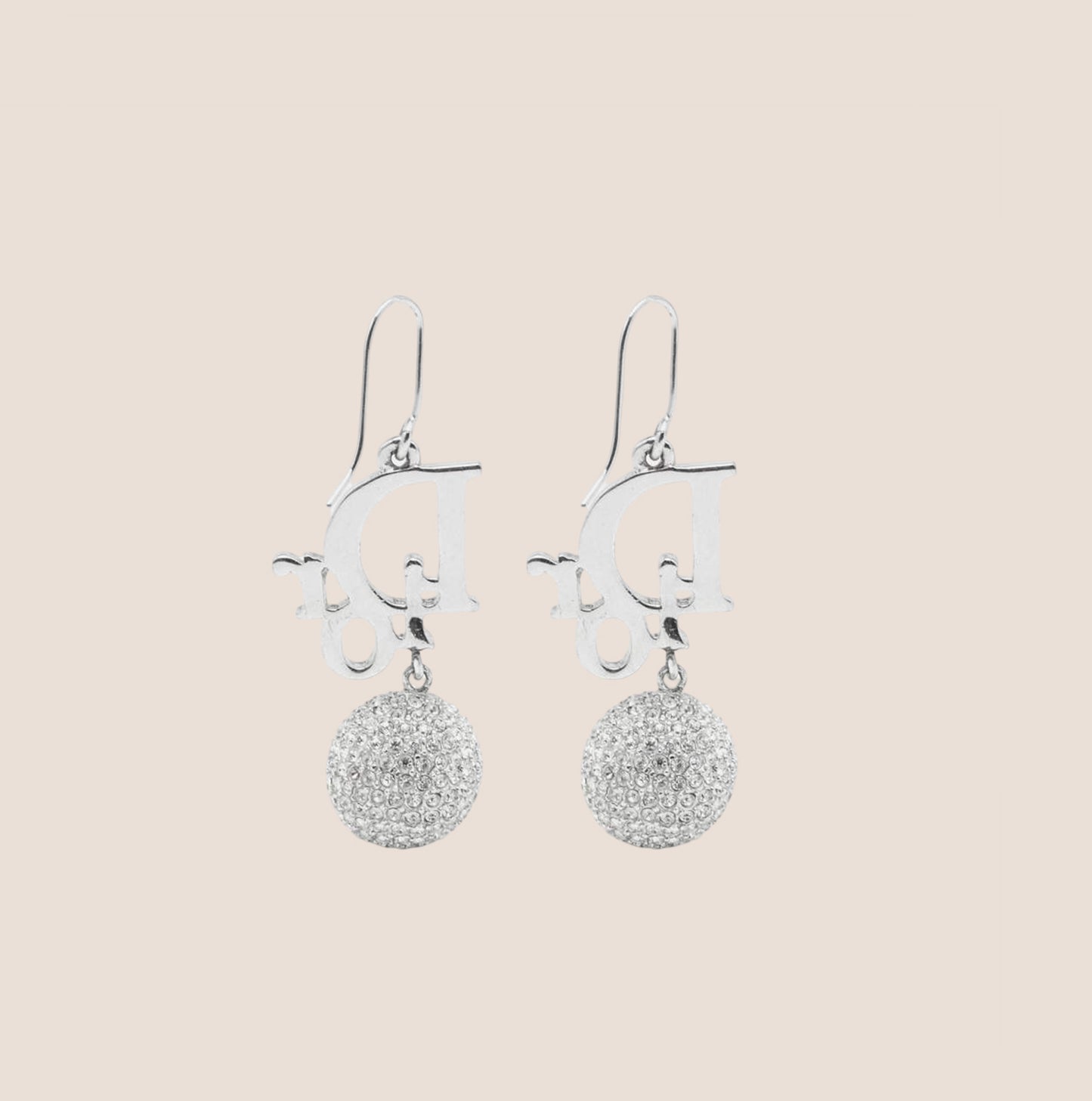 CHRISTIAN DIOR SILVER OBLIQUE CRYSTAL CALL CHARM EARRINGS
