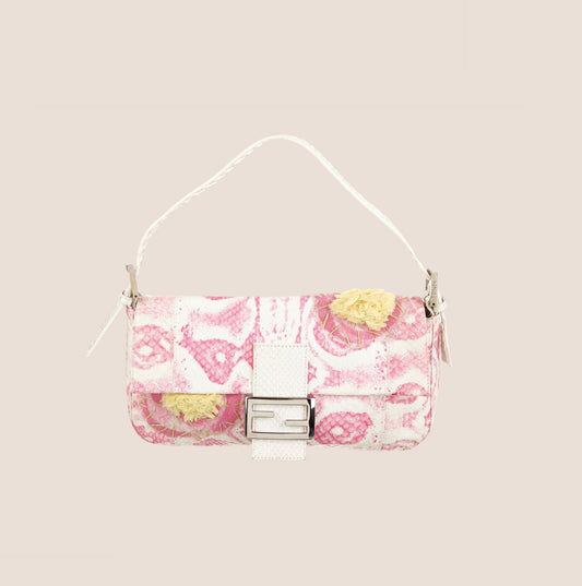 FENDI PINK & WHITE PYTHON FLORAL BAGUETTE BAG