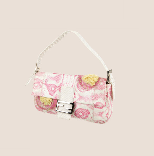 FENDI PINK & WHITE PYTHON FLORAL BAGUETTE BAG