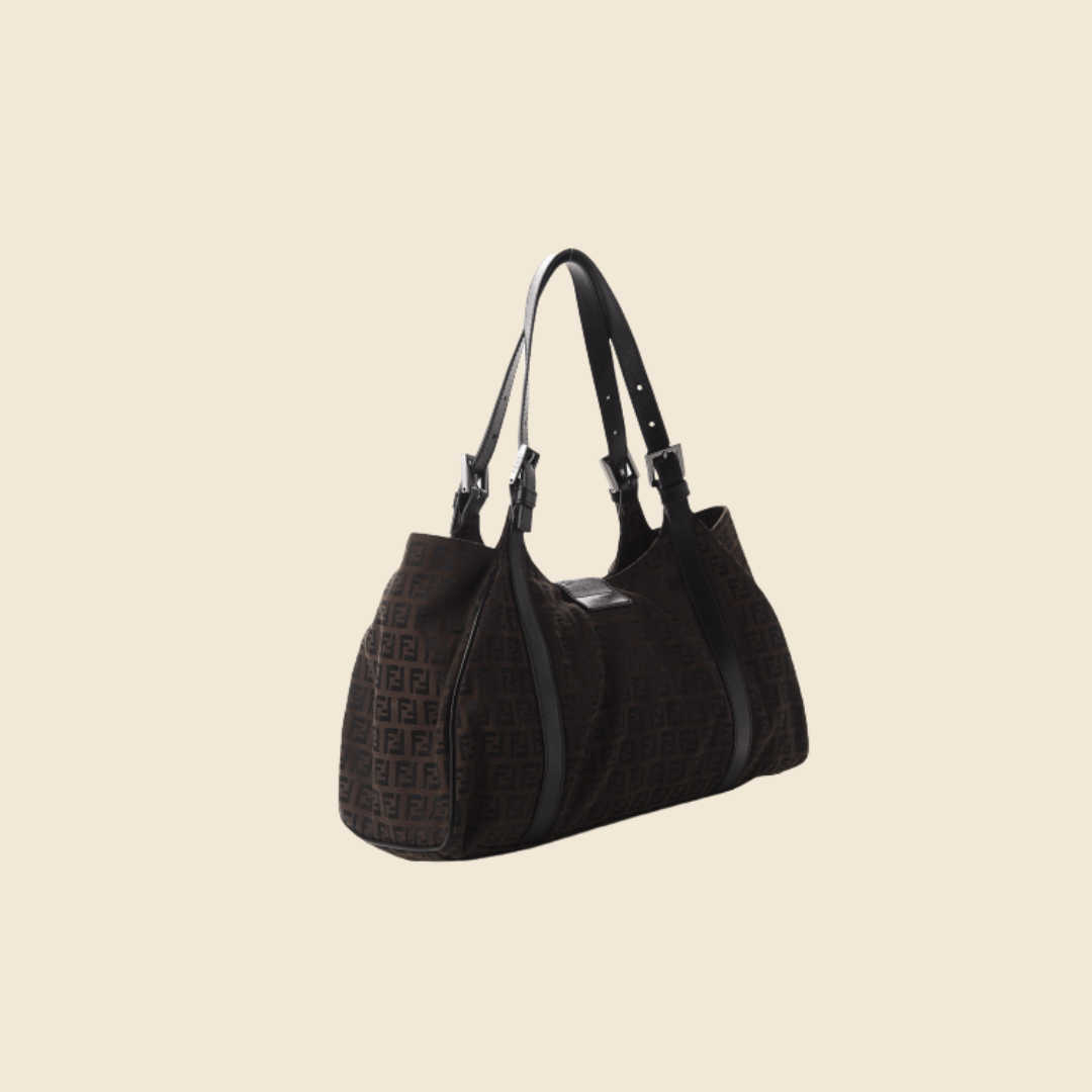 FENDI BELTED CHOCOLATE BROWN ZUCCHINO LARGE HANDBAG "SPORTY"