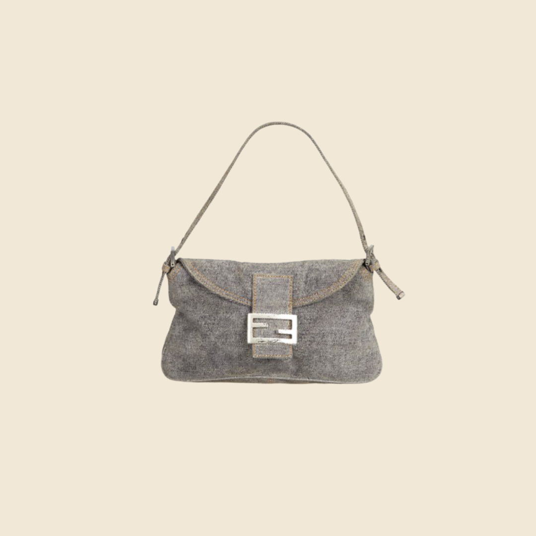 FENDI GREY DENIM BAGUETTE FLAP BAG