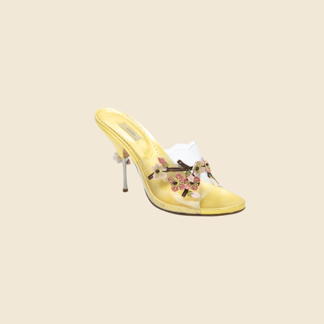 PRADA GOLD METALLIC BLOSSOM SLIDE SANDALS