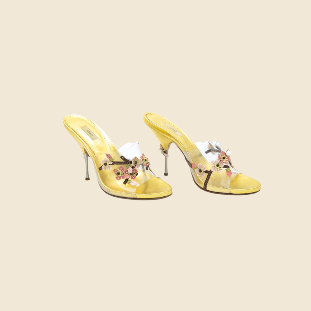 PRADA GOLD METALLIC BLOSSOM SLIDE SANDALS