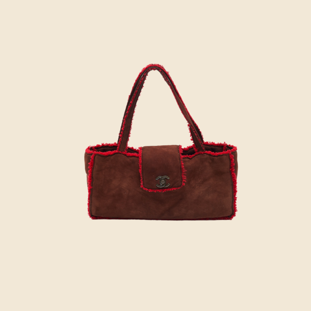 CHANEL BROWN & RED SUEDE SHEARLING TRIM FLAP BAG