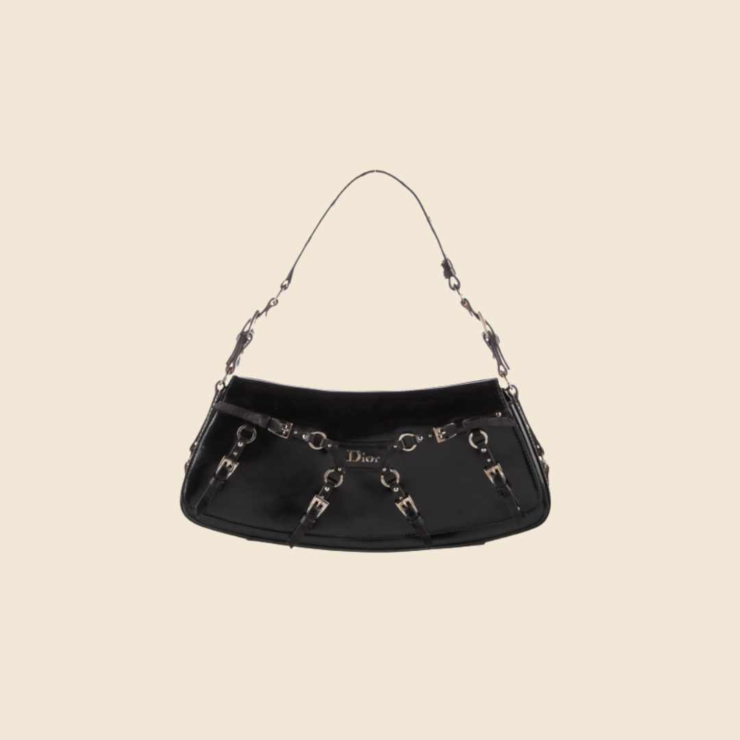 CHRISTIAN DIOR 2003 BLACK LEATHER BONDAGE BAG