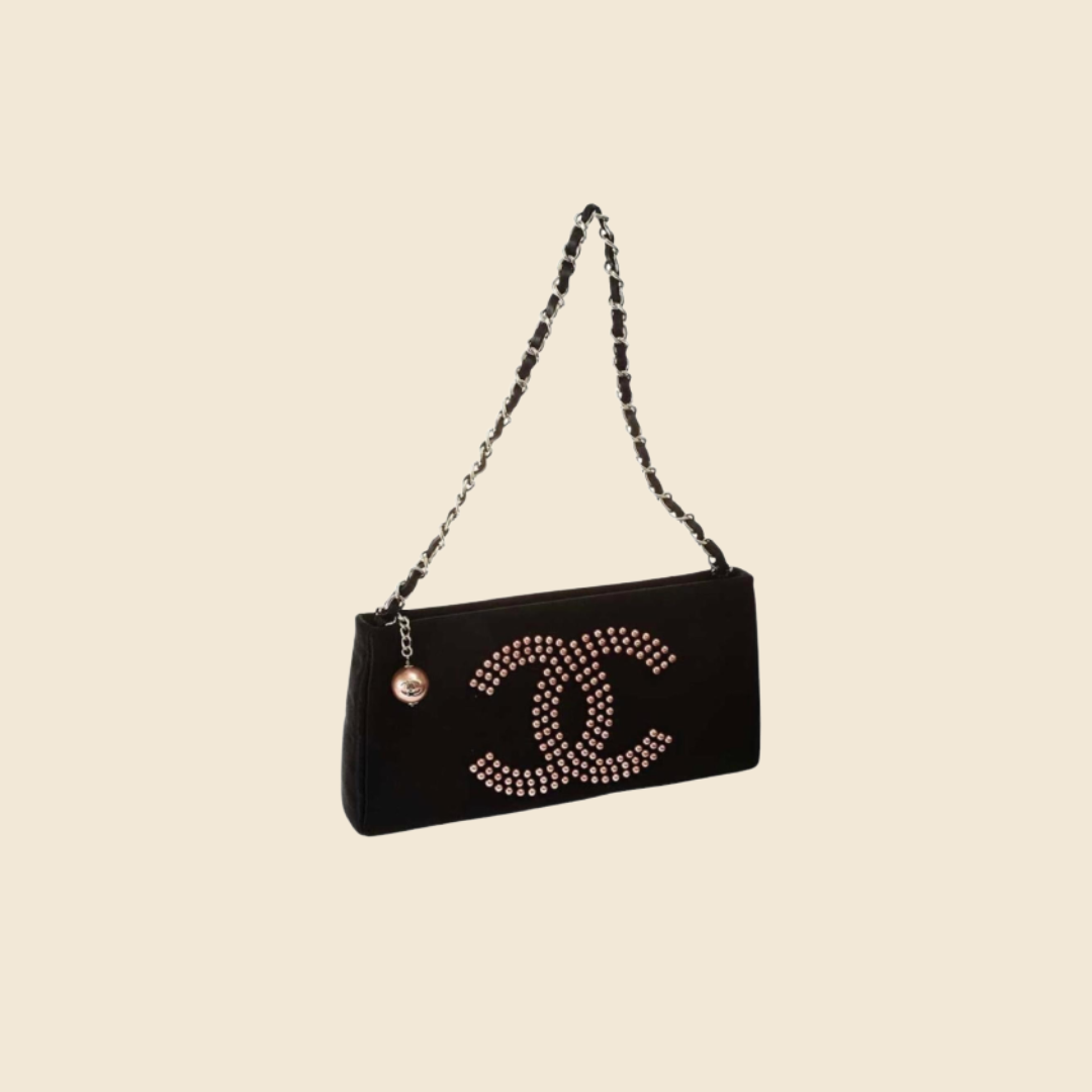 CHANEL 2004 BLACK SATIN BEADED CC LOGO MINI SHOULDER BAG