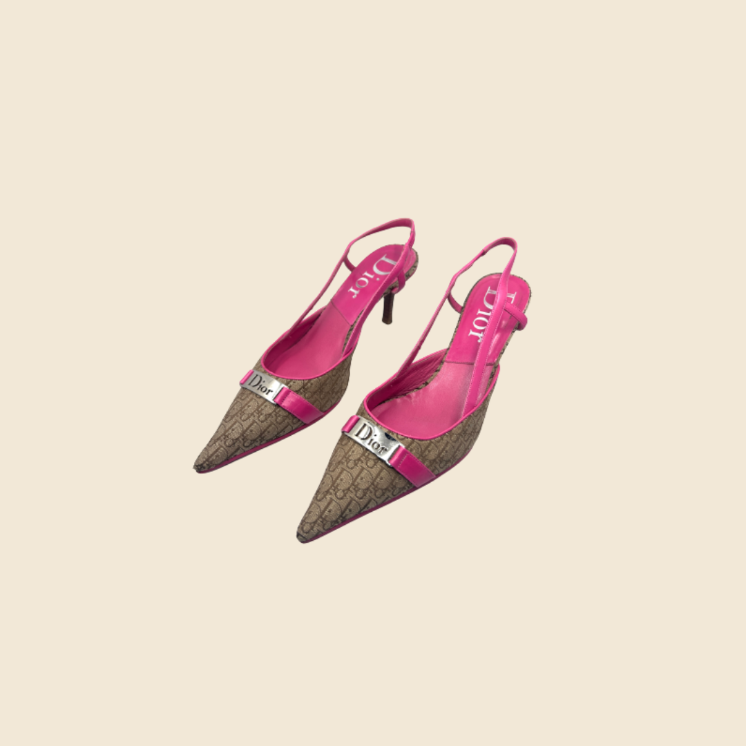 CHRISTIAN DIOR PINK MONOGRAM SLING KITTEN HEELS