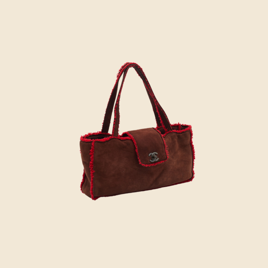 CHANEL BROWN & RED SUEDE SHEARLING TRIM FLAP BAG