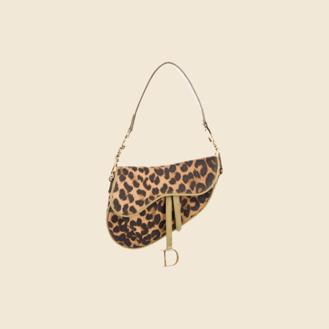CHRISTIAN DIOR 2000s OSTRICH TRIM LEOPARD PRINT SADDLE BAG