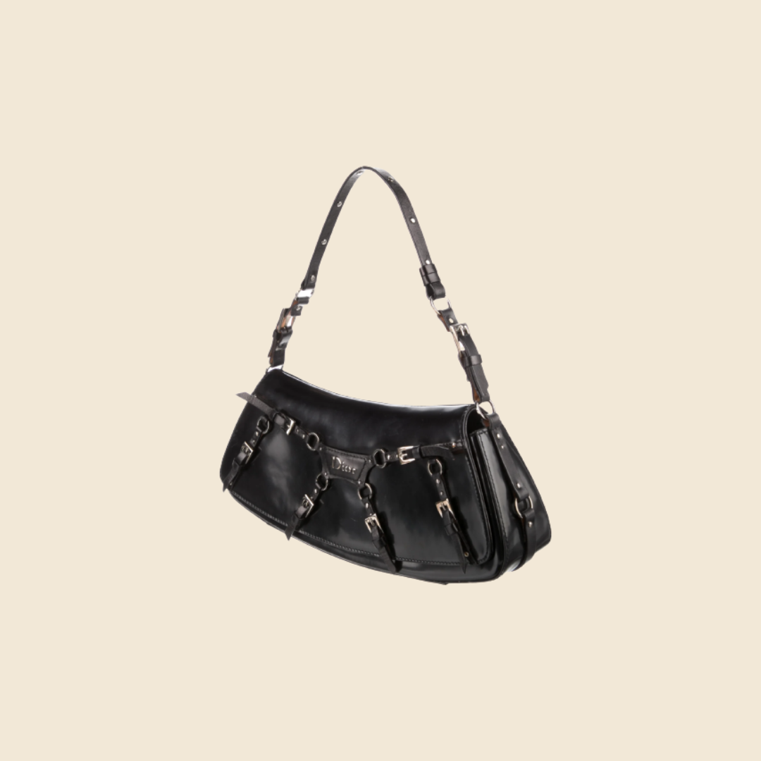 CHRISTIAN DIOR 2003 BLACK LEATHER BONDAGE BAG