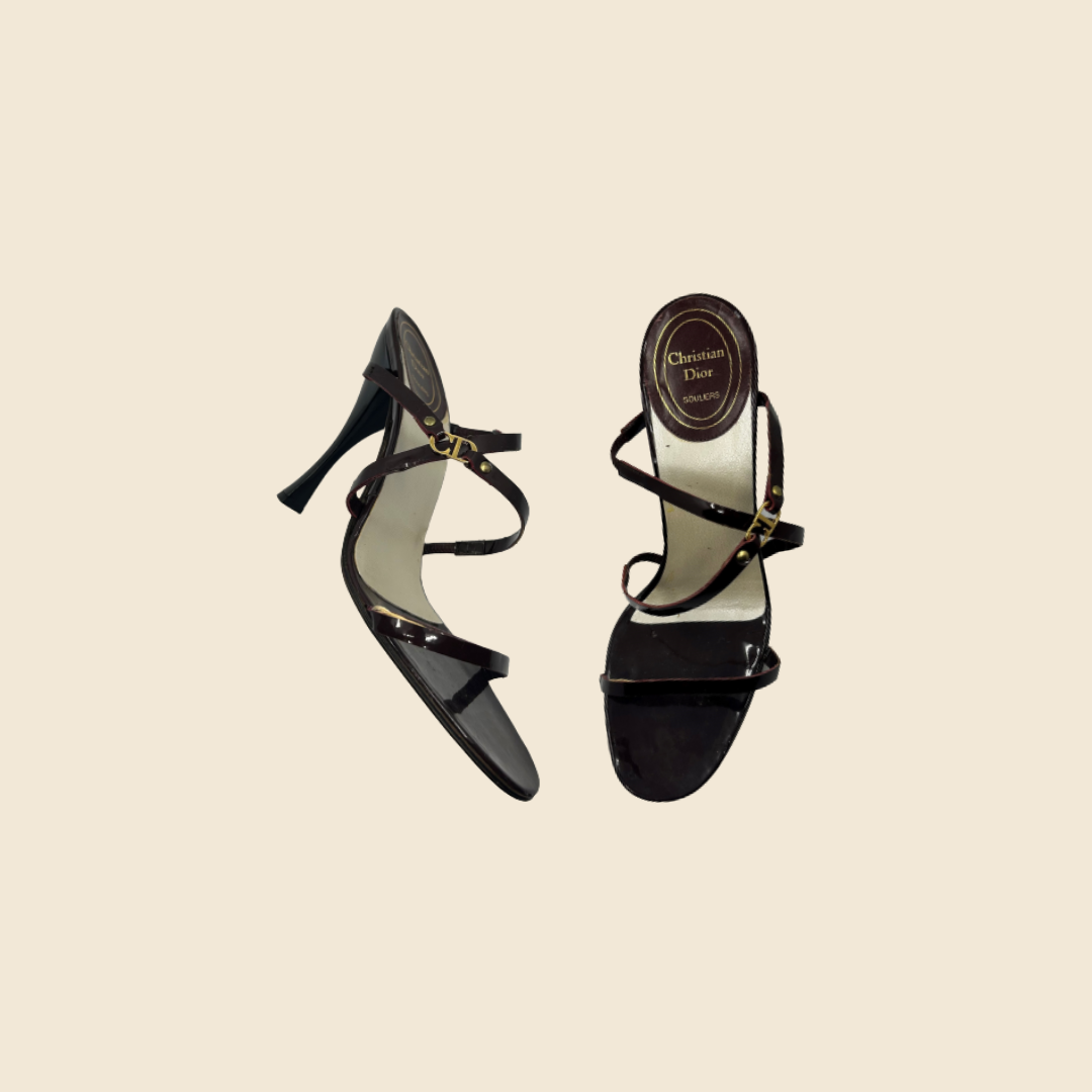CHRISTIAN DIOR BURGUNDY PATENT 'CD' STRAP SANDALS