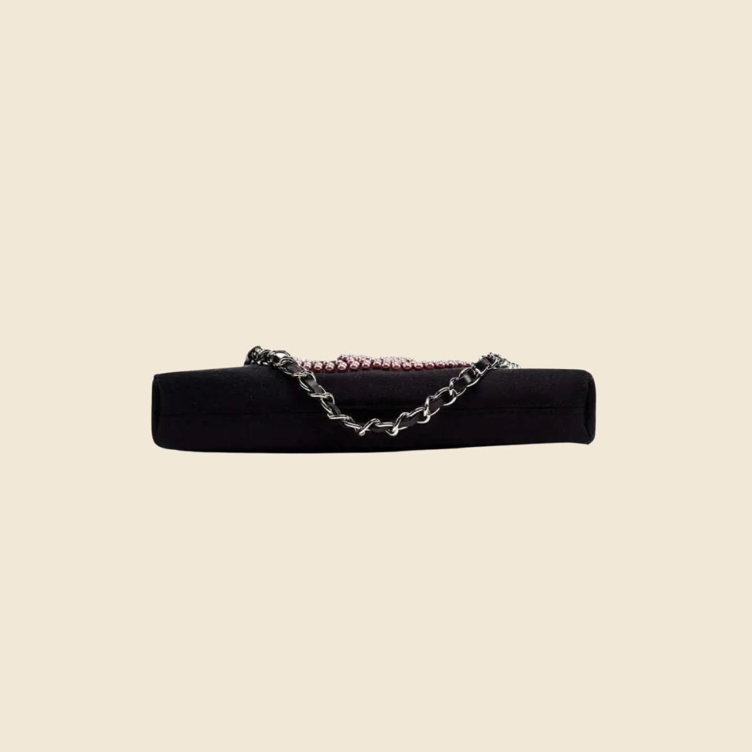 CHANEL 2004 BLACK SATIN BEADED CC LOGO MINI SHOULDER BAG