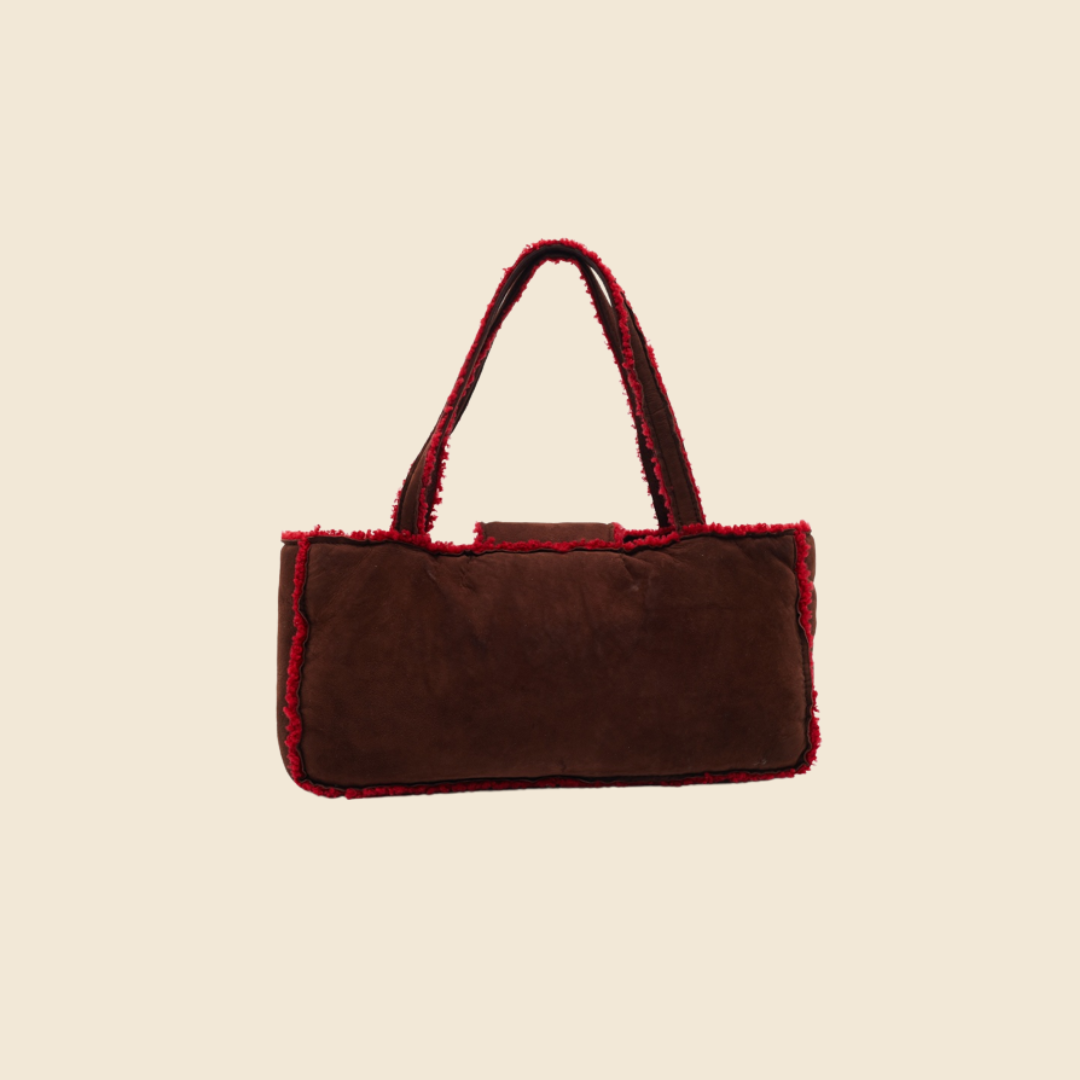 CHANEL BROWN & RED SUEDE SHEARLING TRIM FLAP BAG