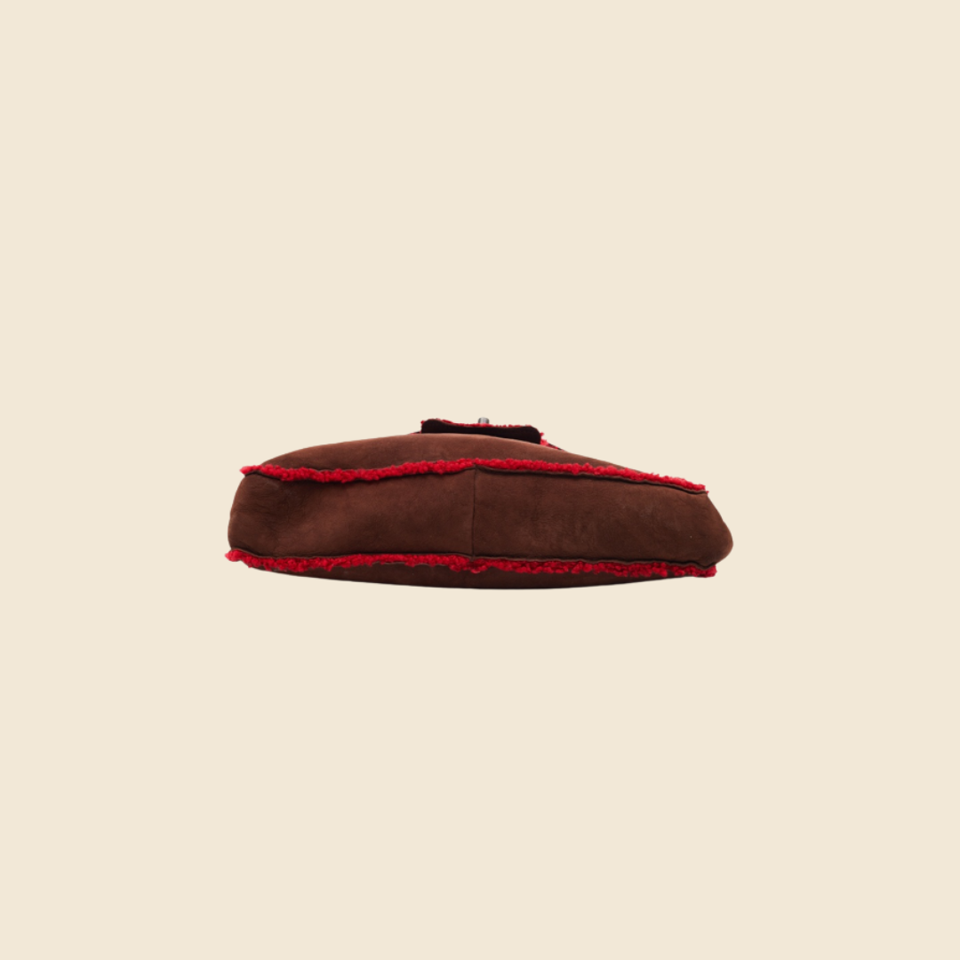 CHANEL BROWN & RED SUEDE SHEARLING TRIM FLAP BAG
