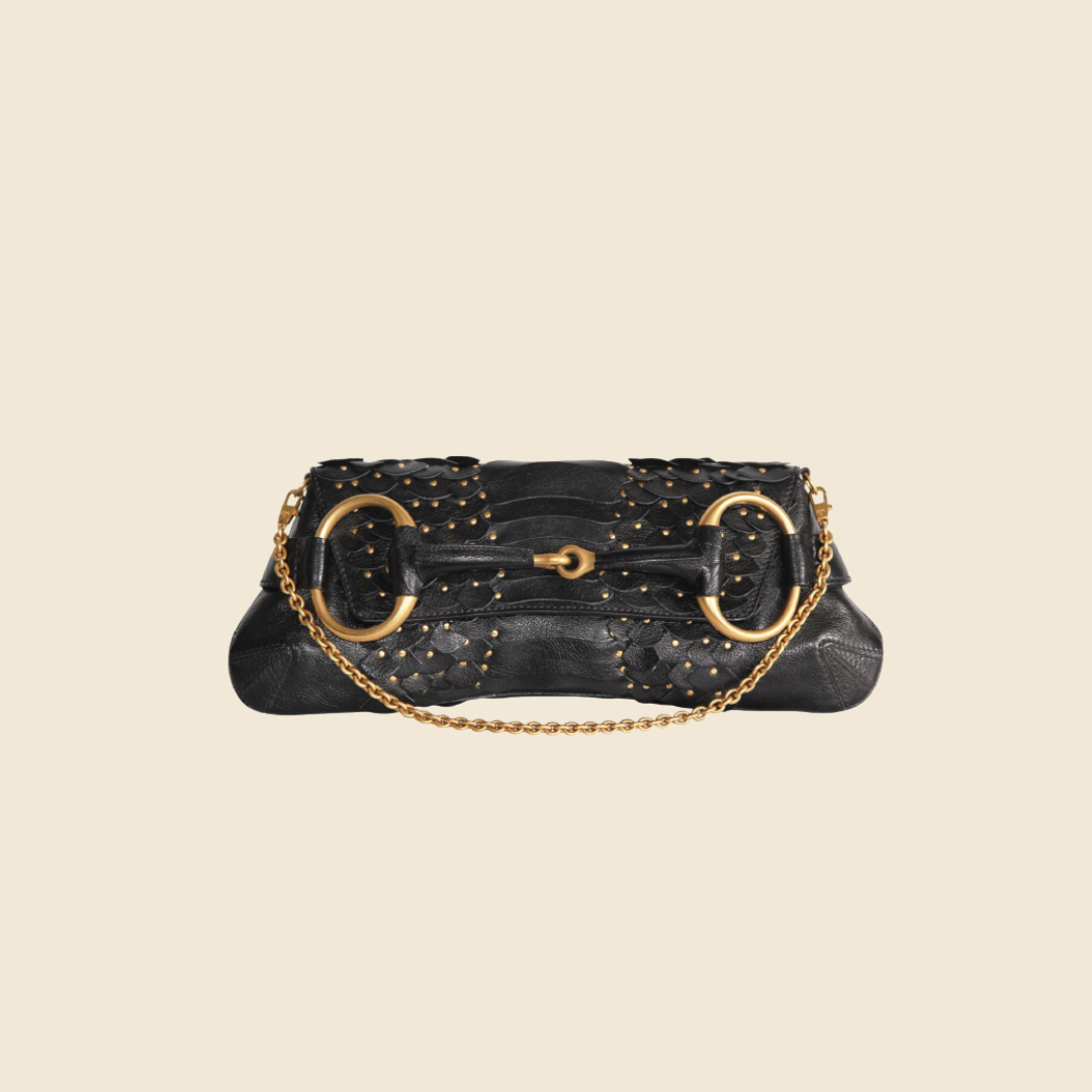 GUCCI FW2003 BLACK STUDDED HORSEBIT CHAIN CLUTCH BAG