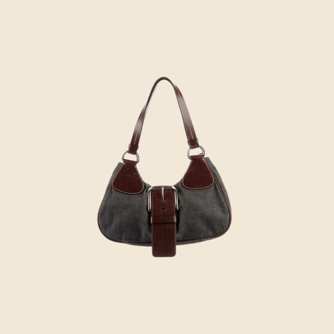 PRADA VINTAGE DENIM BELTED SHOULDER BAG