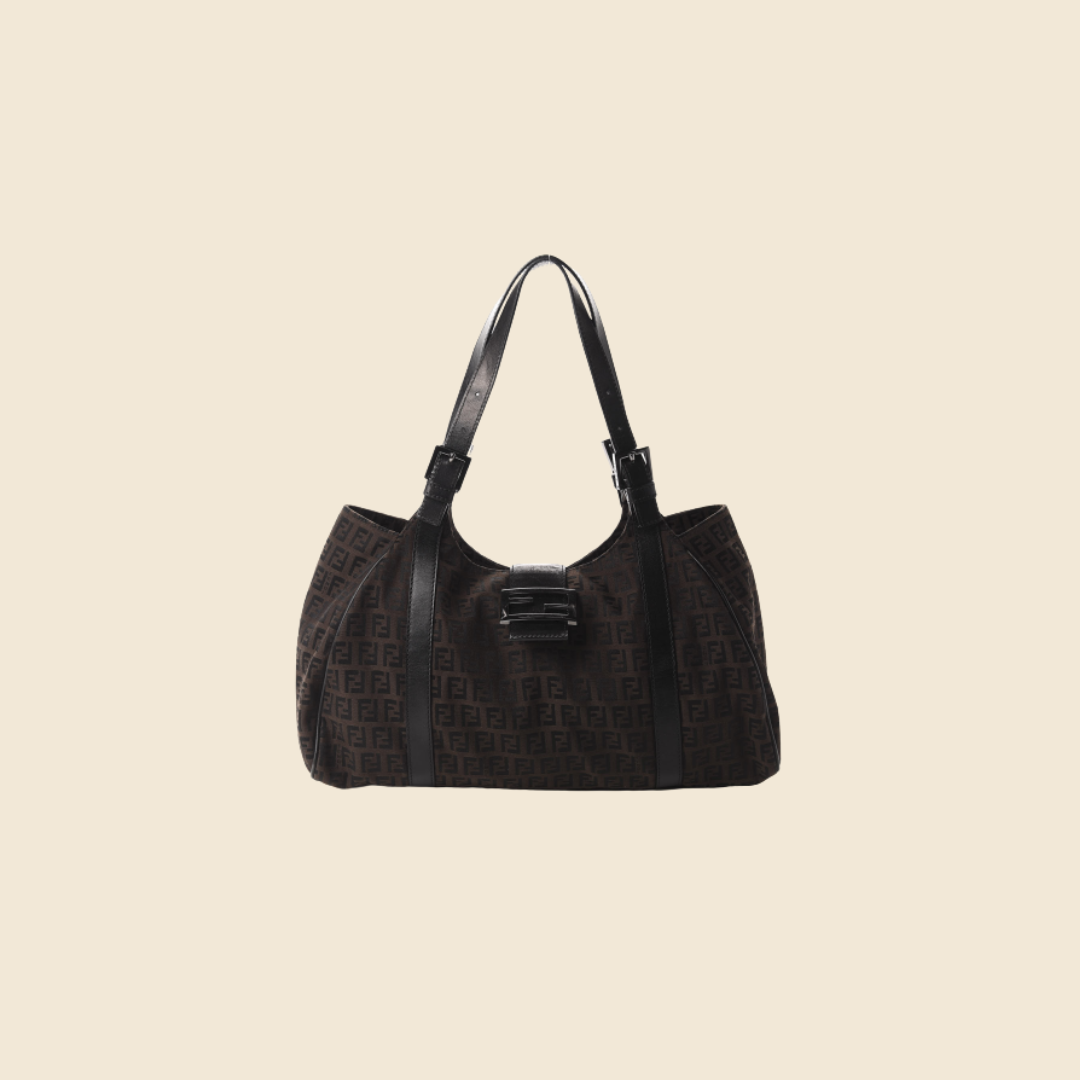 FENDI BELTED CHOCOLATE BROWN ZUCCHINO LARGE HANDBAG "SPORTY"