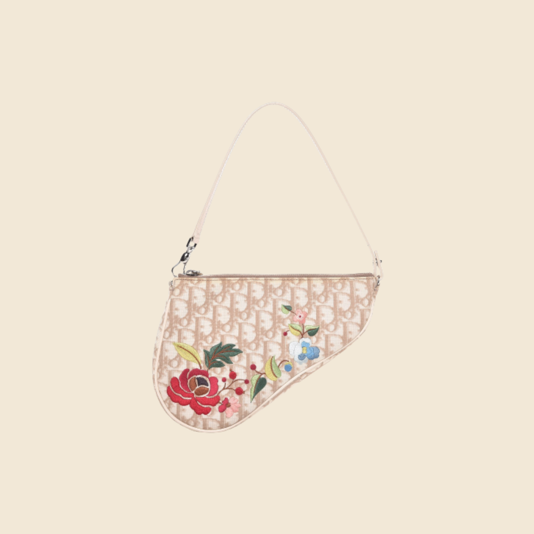CHRISTIAN DIOR BEIGE EMBROIDERED FLOWERS SADDLE BAG