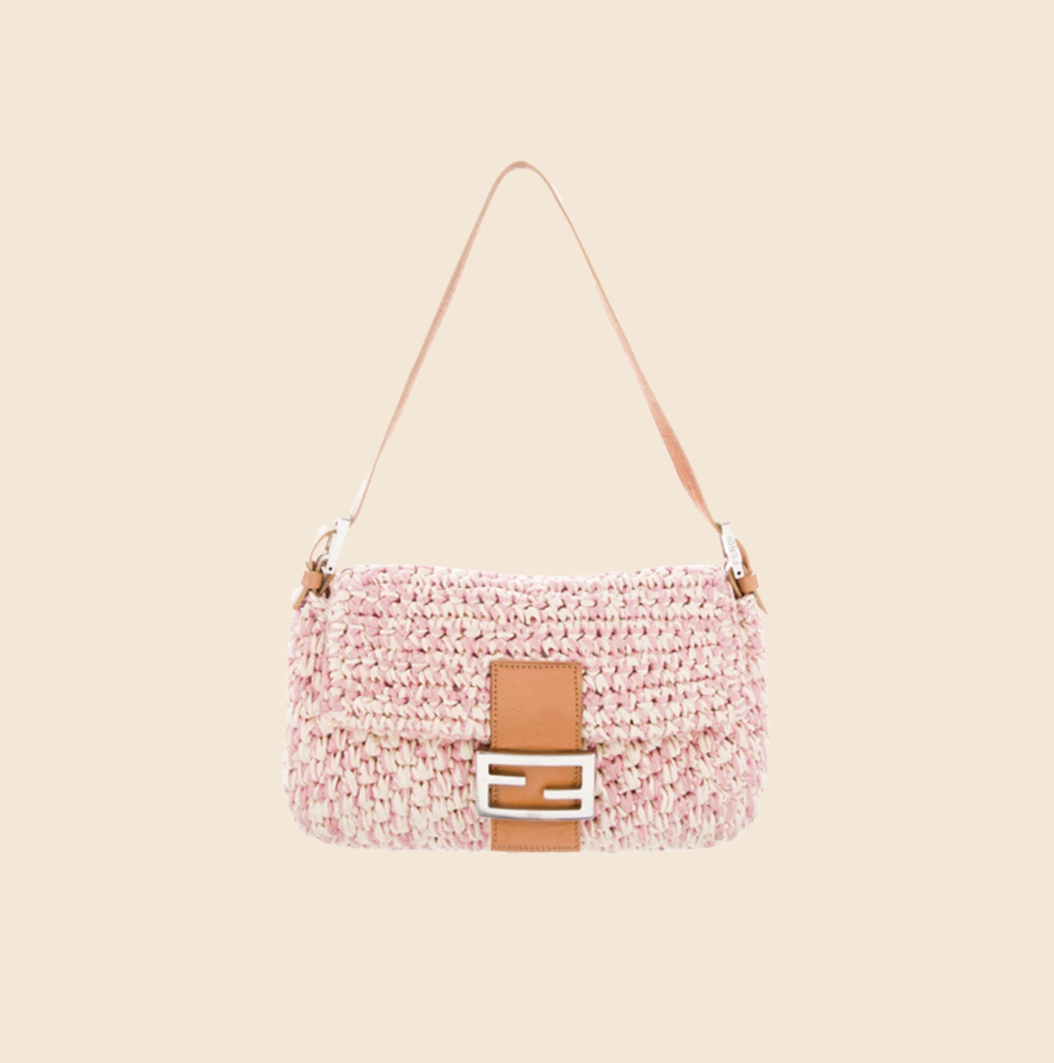 FENDI 2000s PINK & CARAMEL RAFFIA KNIT BAGUETTE BAG