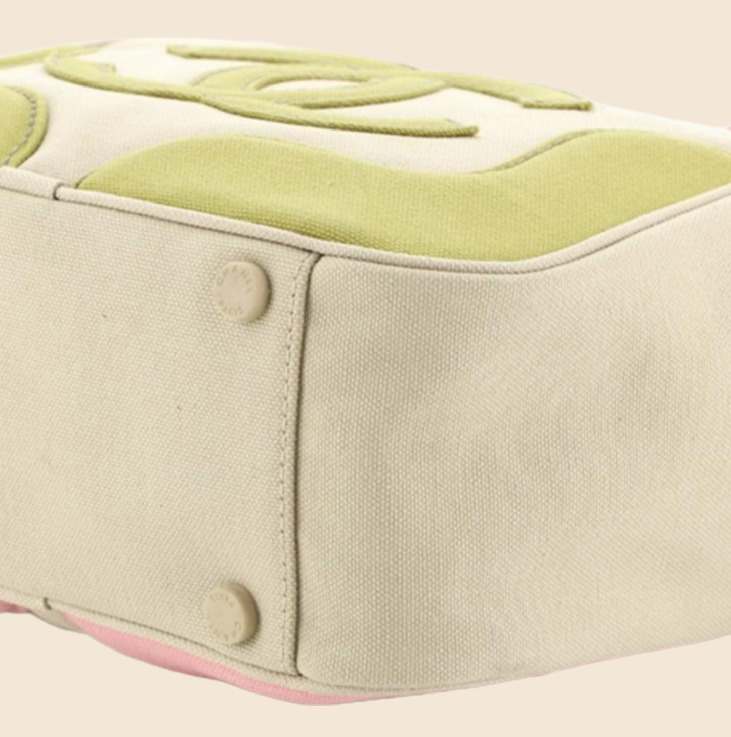 CHANEL MARSHMALLOW BEIGE CANVAS GREEN AND PINK CC TOTE BAG