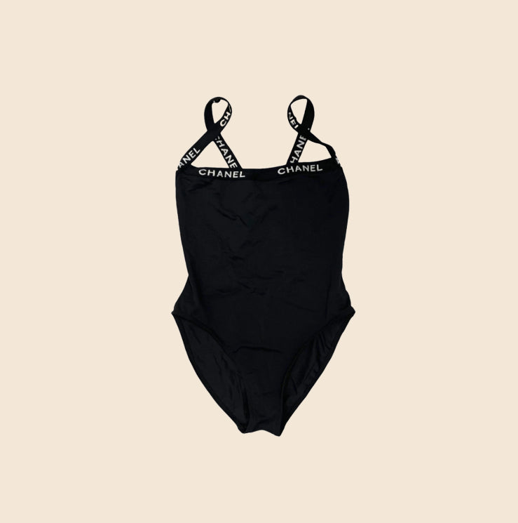 Chanel Black Clear Logo One Piece Bathing Suit 01P Size 38 NEW