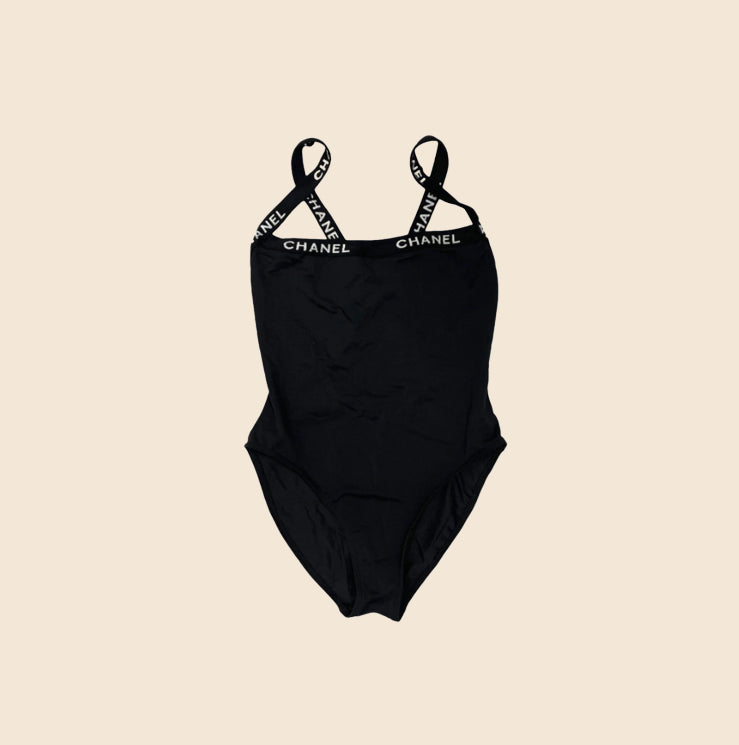 CHANEL 1990s BLACK LOGO ONE PIECE SWIMSUIT