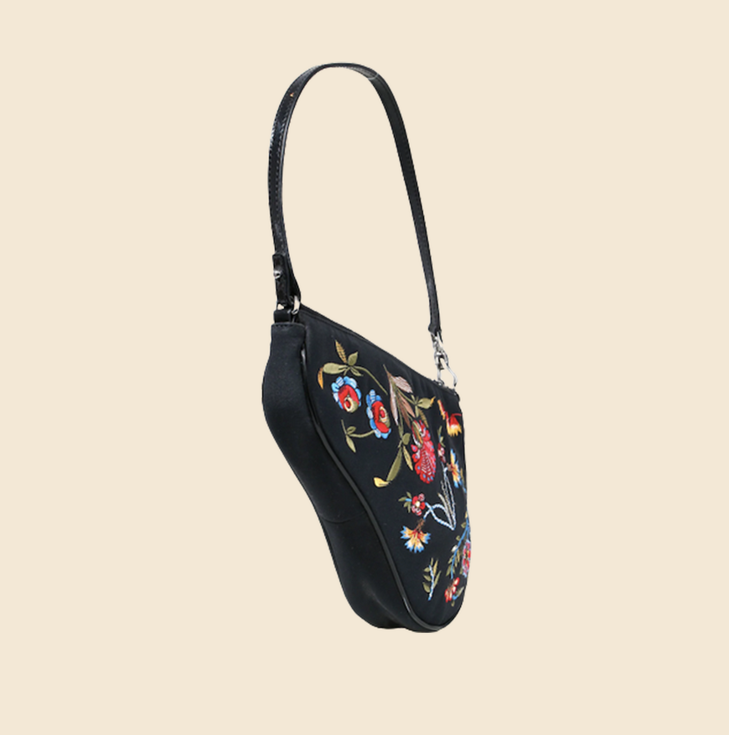 CHRISTIAN DIOR BLACK MULTICOLOUR FLORAL EMBROIDERED SADDLE BAG