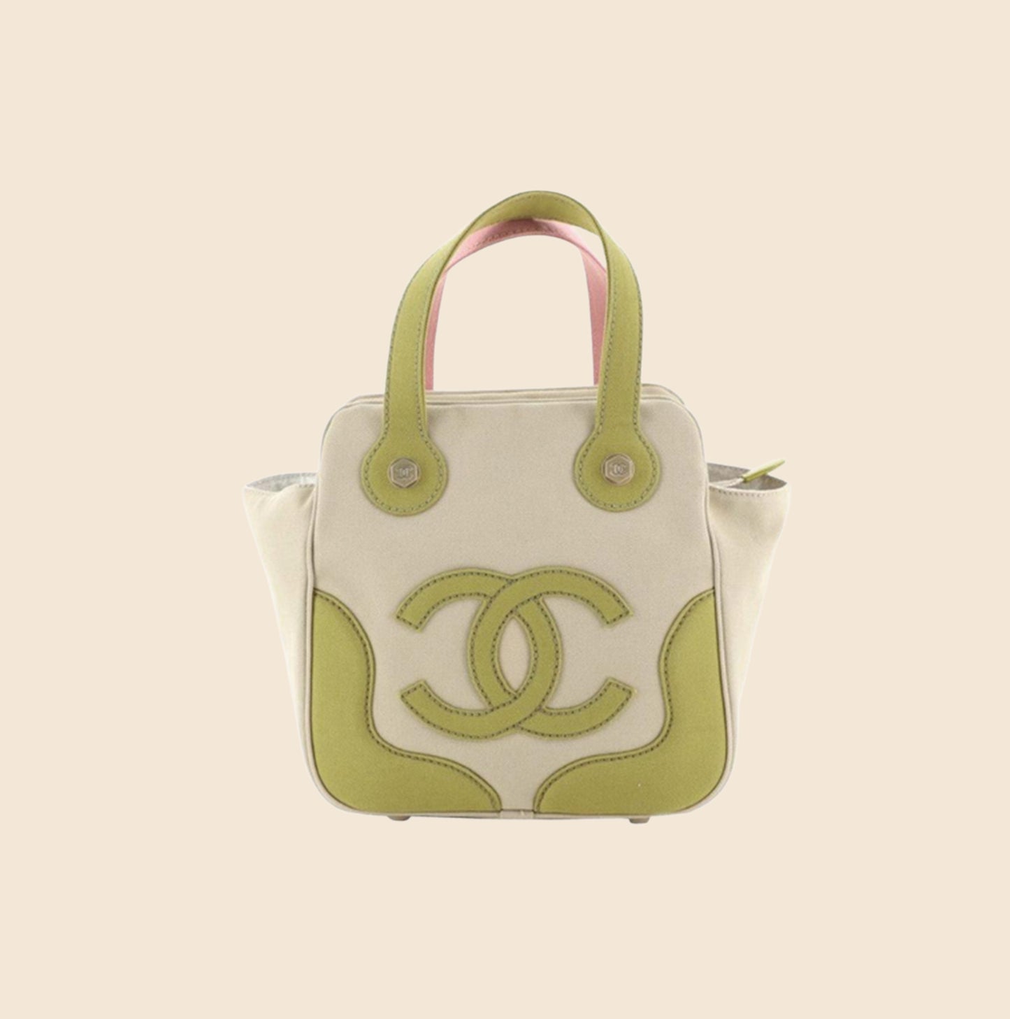 CHANEL MARSHMALLOW BEIGE CANVAS GREEN AND PINK CC TOTE BAG