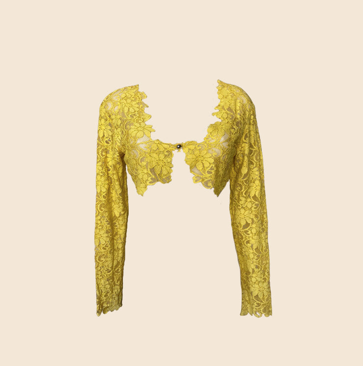RIFAT OZBEK 1994 YELLOW LACE CROPPED BOLERO