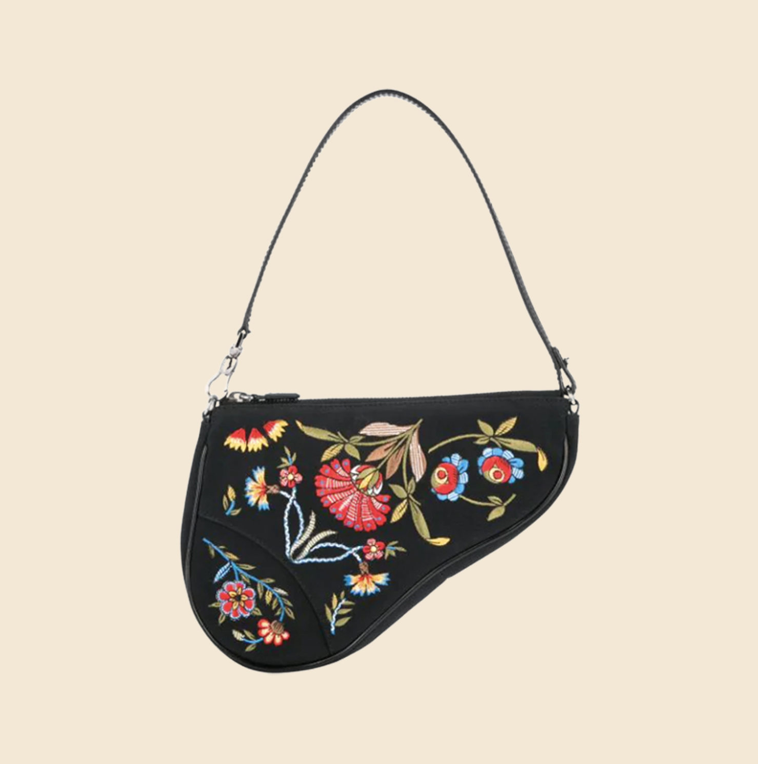CHRISTIAN DIOR BLACK MULTICOLOUR FLORAL EMBROIDERED SADDLE BAG