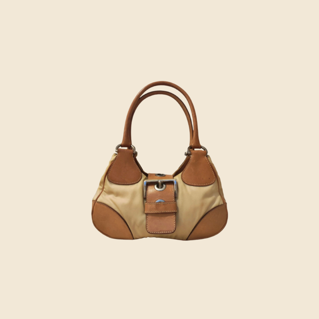PRADA TAN & BROWN BELTED SHOULDER BAG