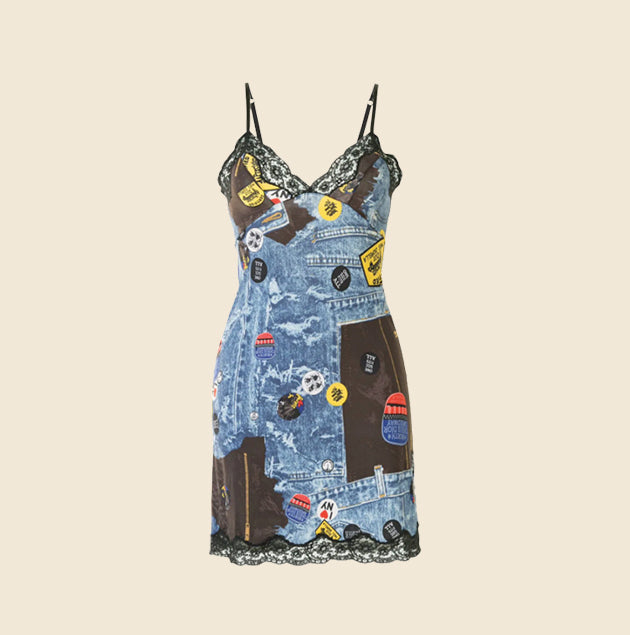 CHRISTIAN DIOR "MISS DIORELLA TROMPE L'OEIL" DENIM PATCHWORK SLIP DRESS