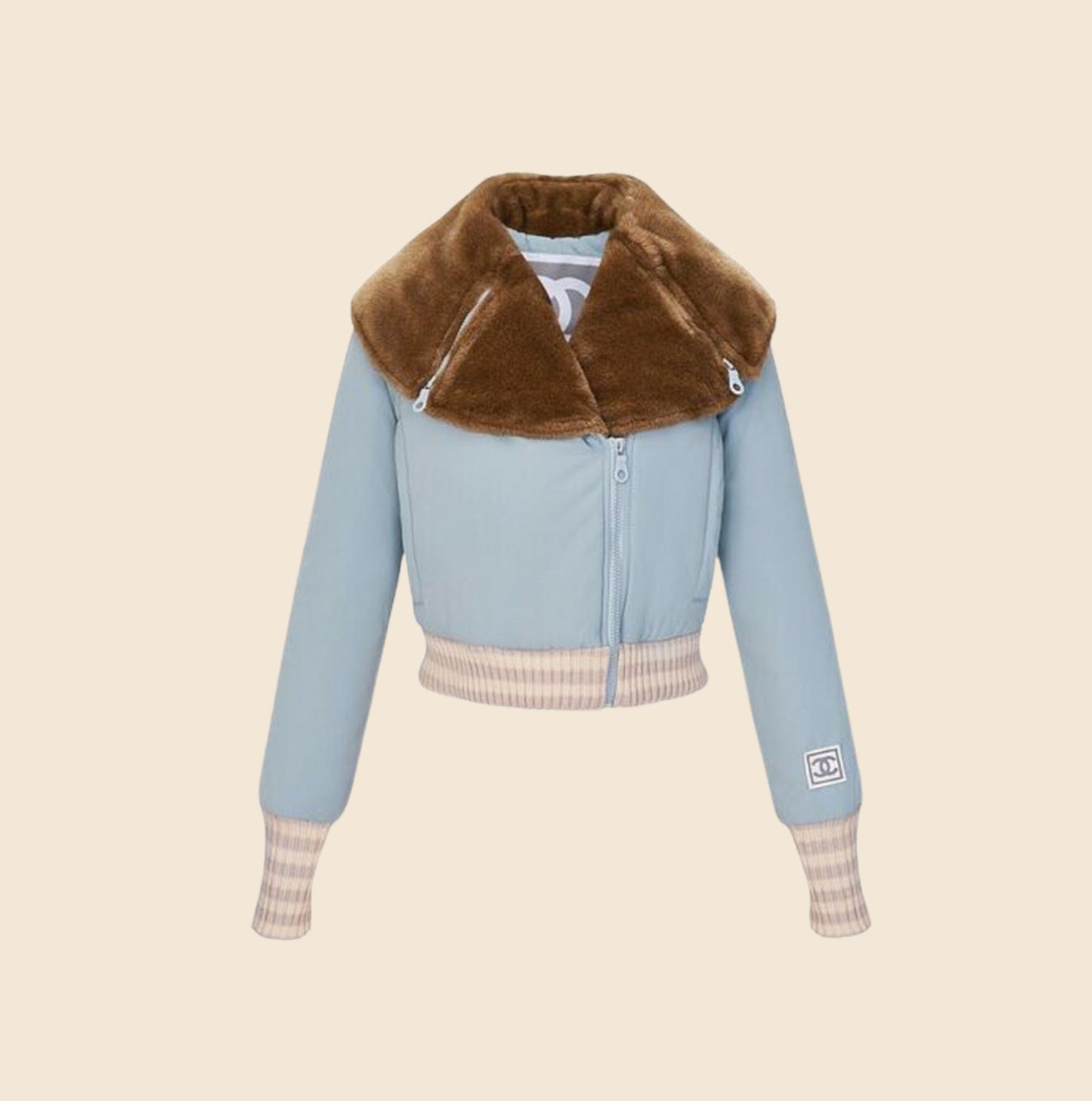 CHANEL FALL 2001 RUNWAY CC LOGO FUR DETAIL CROPPED BOMBER JACKET