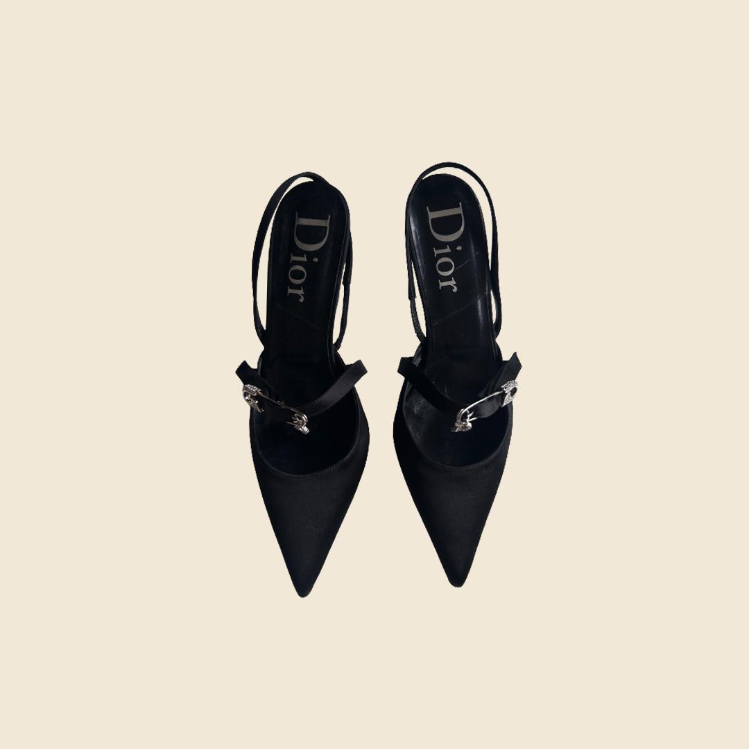 CHRISTIAN DIOR BLACK SATIN PIN CRYSTAL KITTEN HEELS