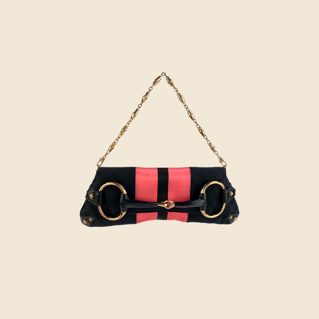 GUCCI 2004 HORSEBIT PINK SATIN BLACK GG MONOGRAM CANVAS CLUTCH