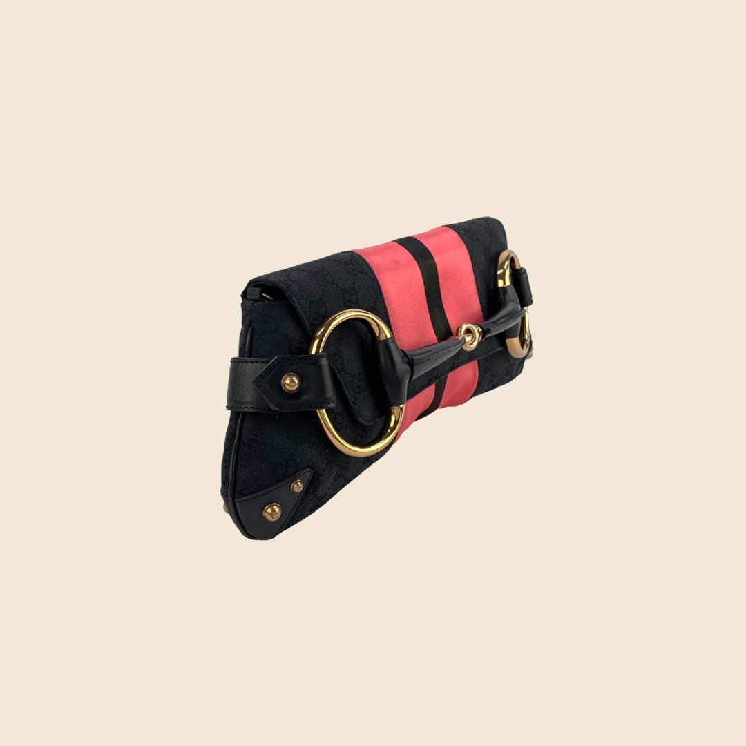GUCCI 2004 HORSEBIT PINK SATIN BLACK GG MONOGRAM CANVAS CLUTCH
