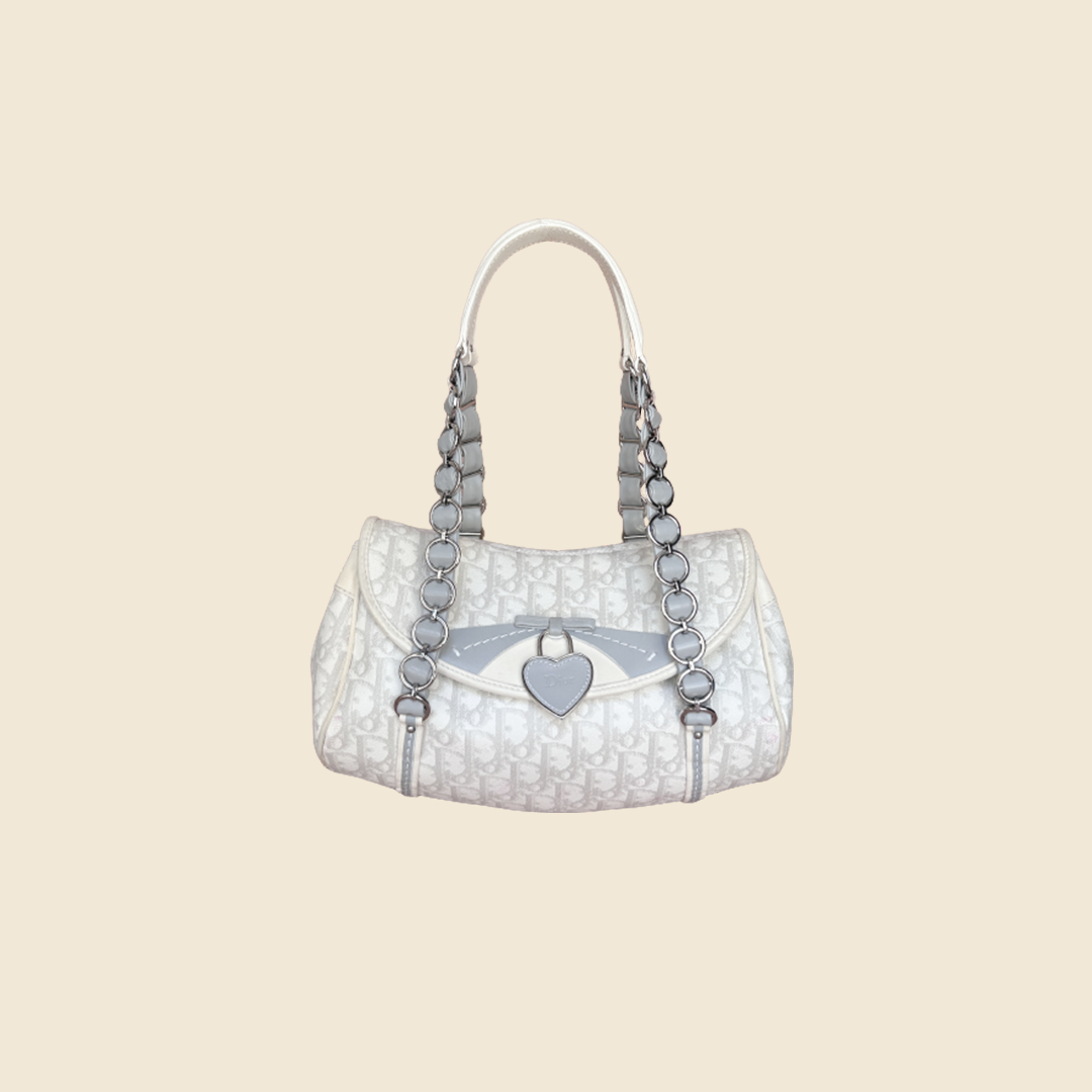 CHRISTIAN DIOR 2007 GREY & WHITE TROTTER ROMANTIQUE FLAP BAG