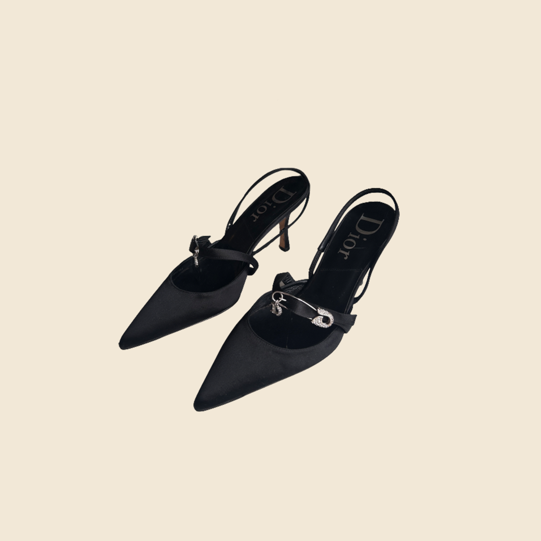 CHRISTIAN DIOR BLACK SATIN PIN CRYSTAL KITTEN HEELS