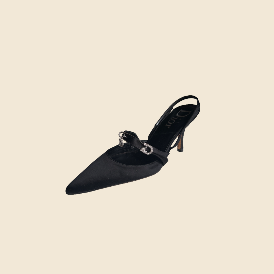 CHRISTIAN DIOR BLACK SATIN PIN CRYSTAL KITTEN HEELS
