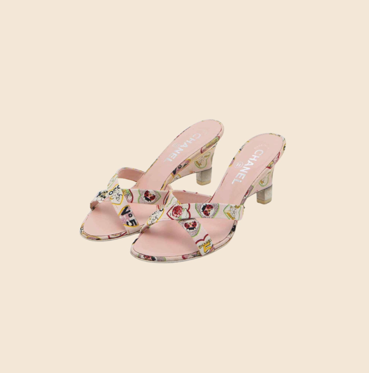 CHANEL PINK LOGO PRINT VALENTINE HEARTS WEDGE SANDALS