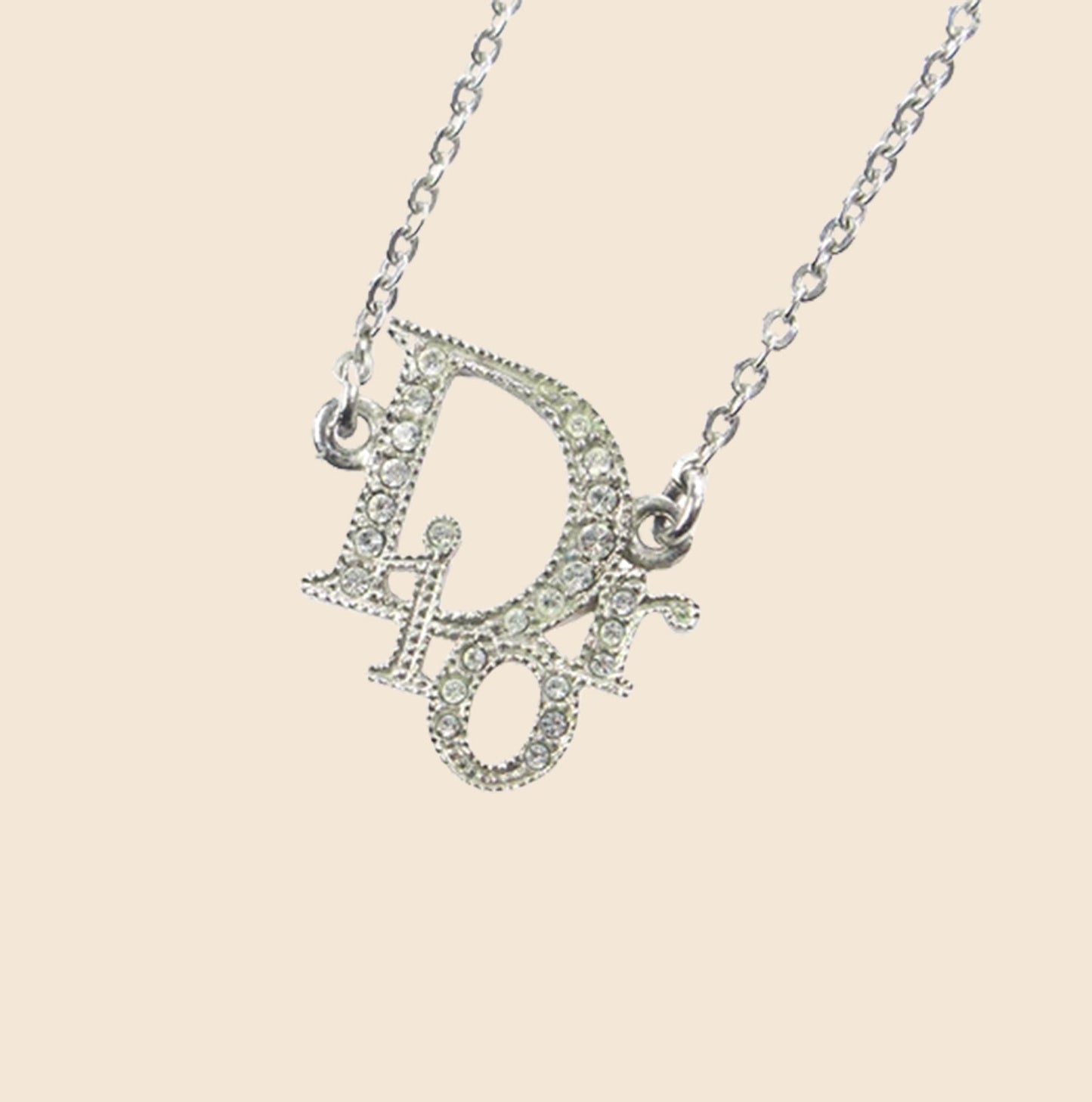 CHRISTIAN DIOR LOGO CHARM RHINESTONE SILVER NECKLACE
