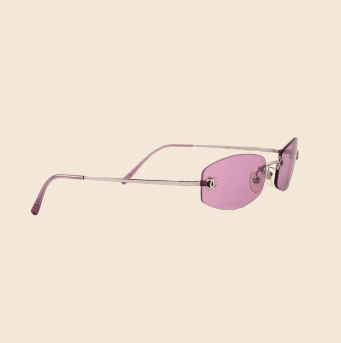 CHANEL 90s SILVER TONE PINK TRANSPARENT RIMLESS SUNGLASSES