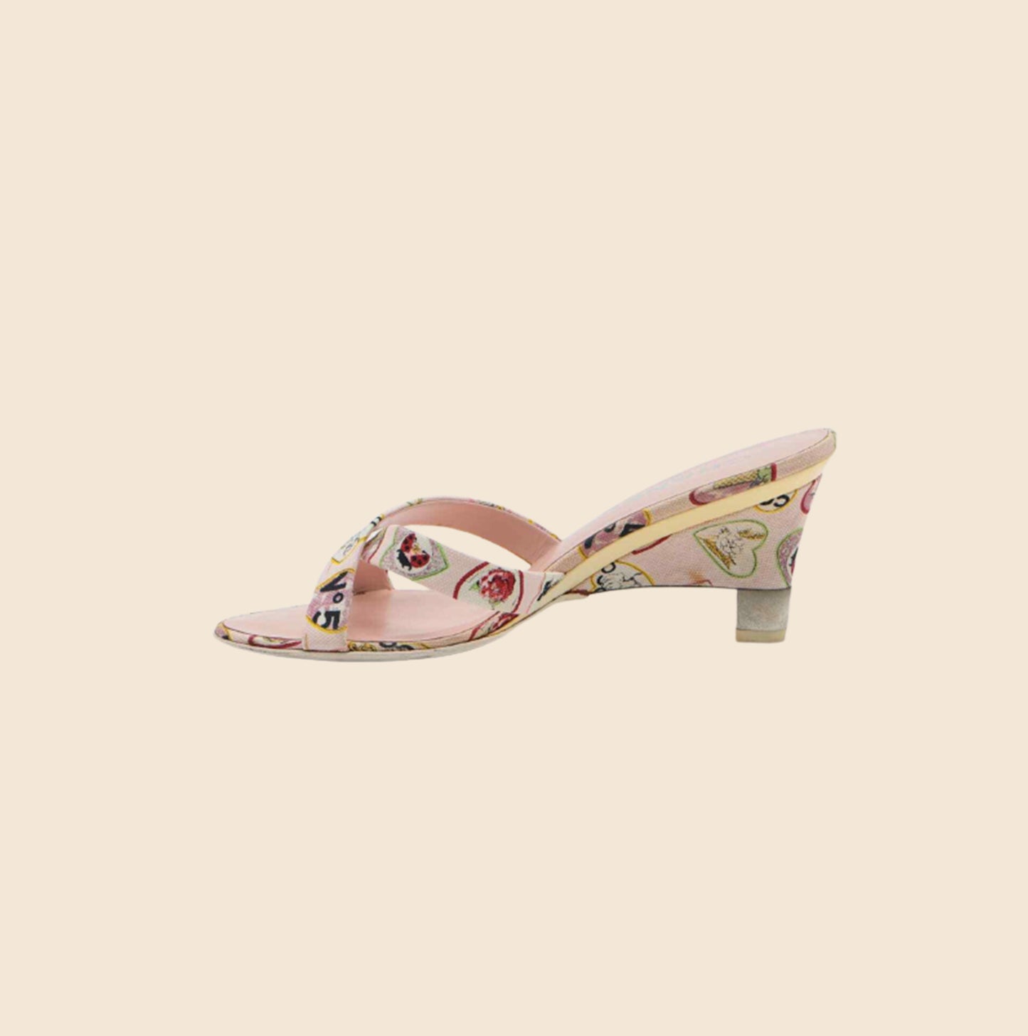 CHANEL PINK LOGO PRINT VALENTINE HEARTS WEDGE SANDALS